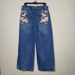 Ed Hardy Jeans Born Free Birds Women's Sz‎ 32 Buckle Back Wide Leg Y2K Skater